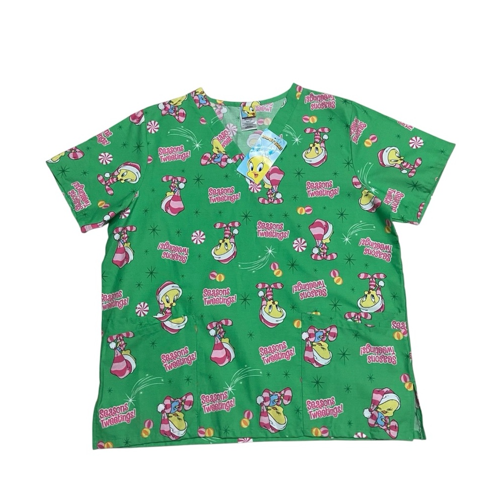 Vintage Looney Tunes Tweety Bird V Neck Christmas Medical Scrub Green